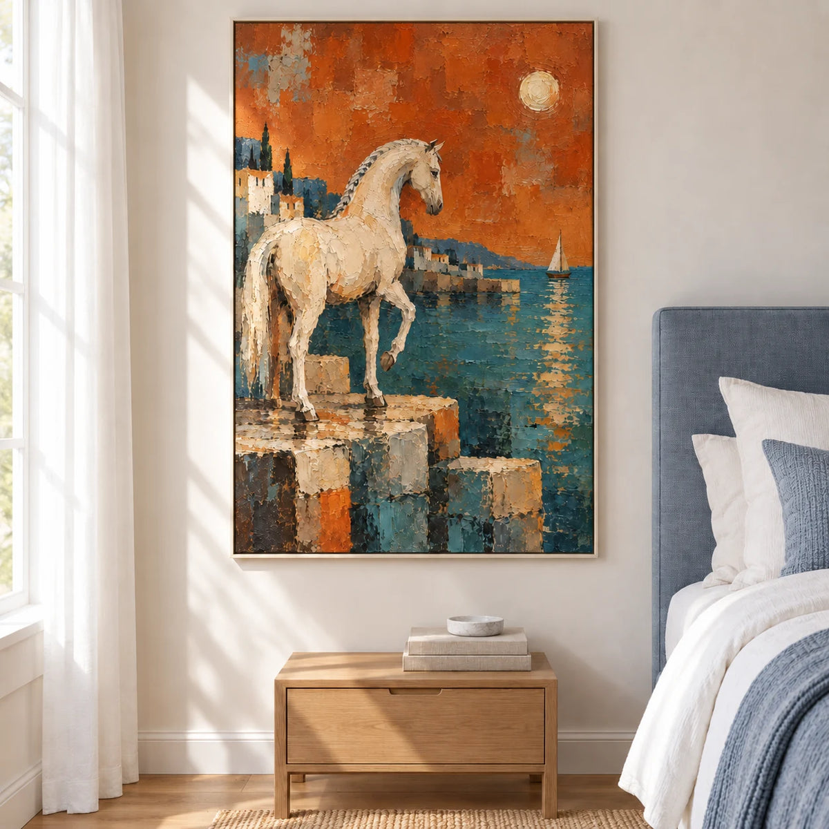 Front view of Ember Tide beside a bed in a softly lit bedroom