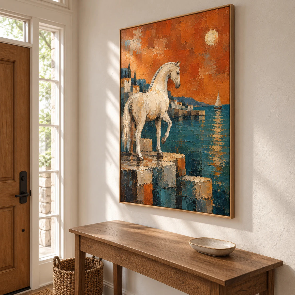 Ember Tide in a wood frame above an entryway console, viewed from the right