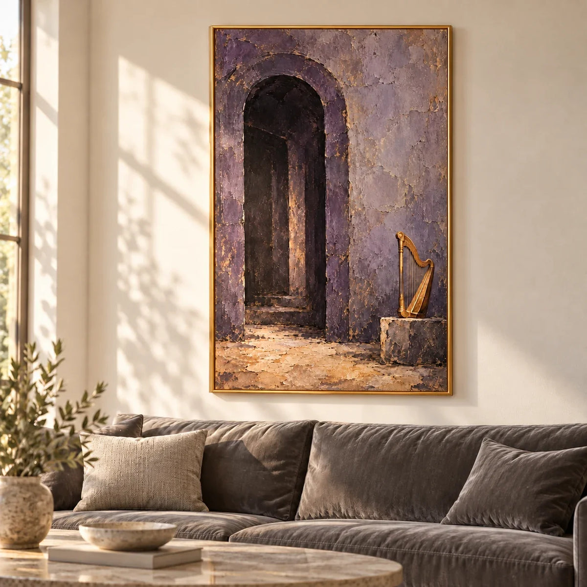 Last Note framed oil painting above a gray sofa, with corrected natural wall perspective