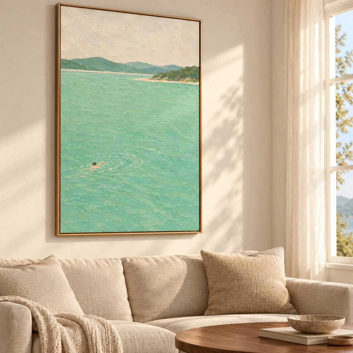 Green Wake, jade coastal swimmer painting displayed in a living room, left view