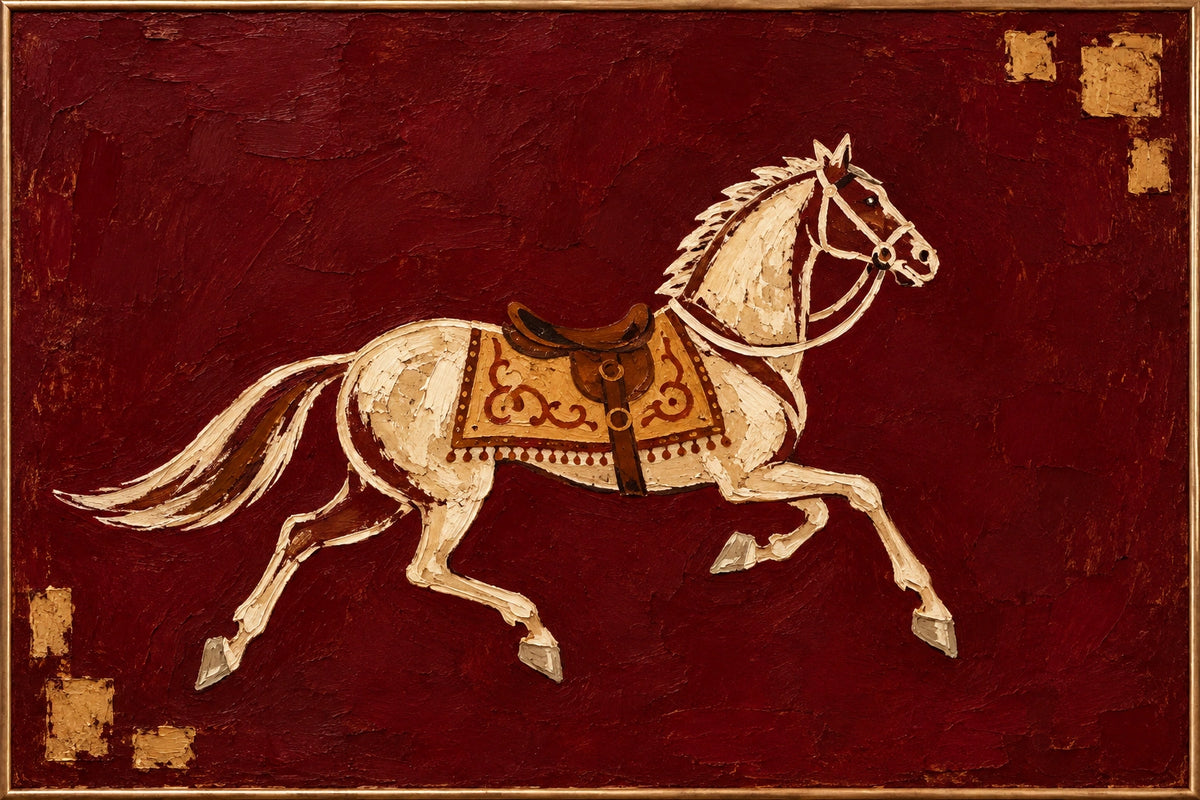 Burgundy Surge, ivory horse and ochre saddle against textured burgundy, front view