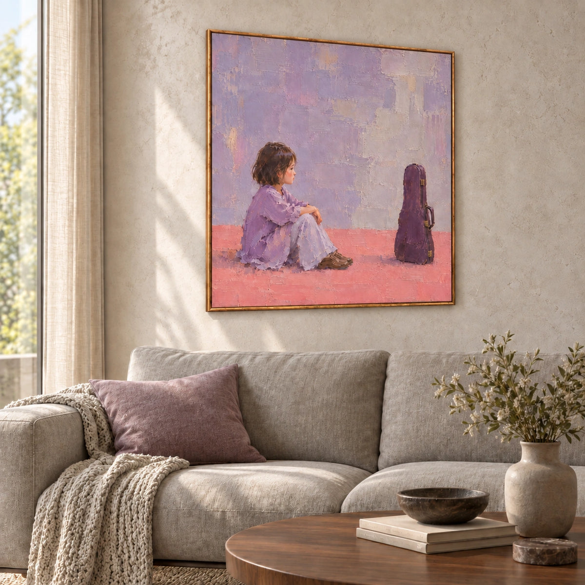 Unplayed Notes, lavender figurative painting displayed in a living room, left-side view