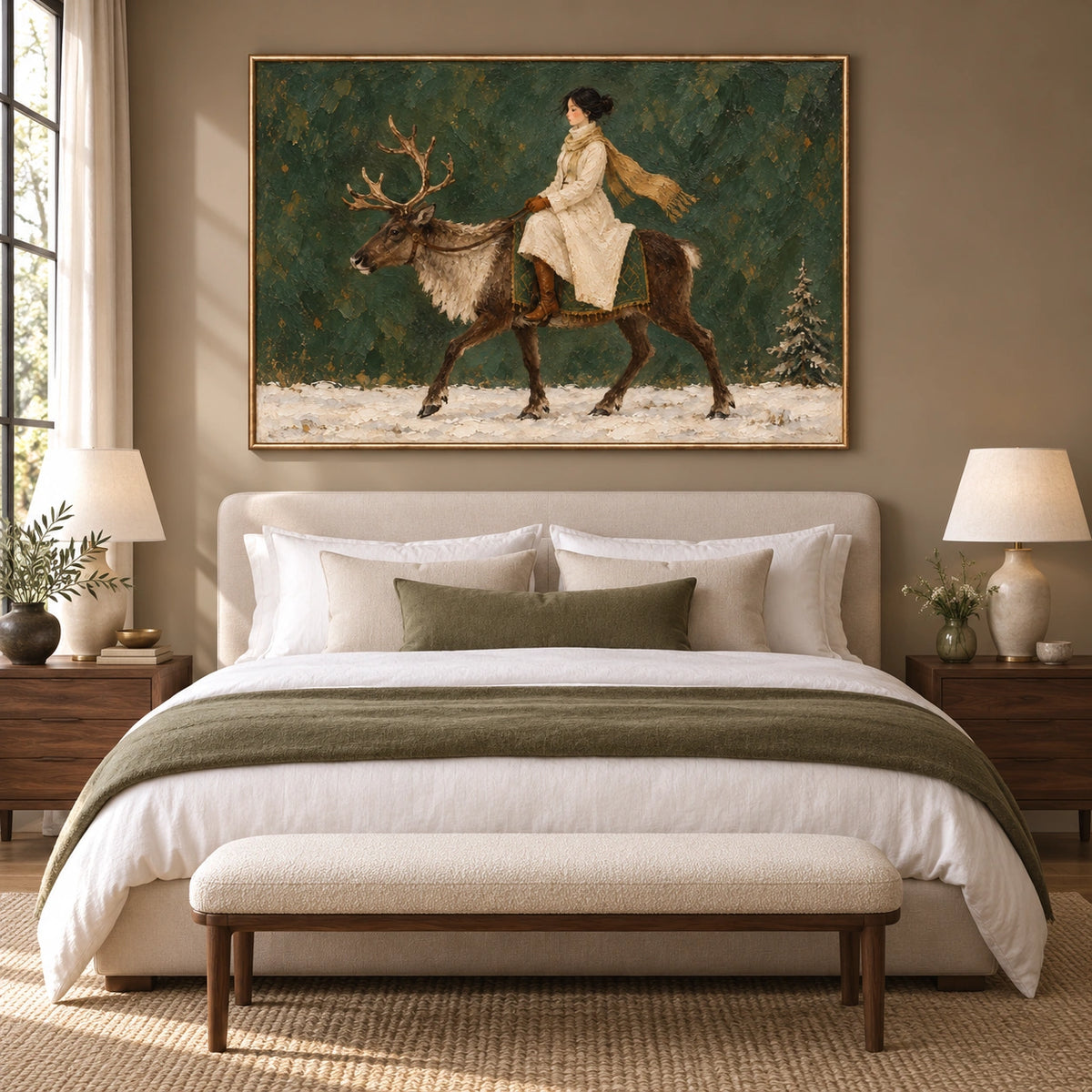 Winter Green, rider and reindeer painting displayed in a bedroom, front view