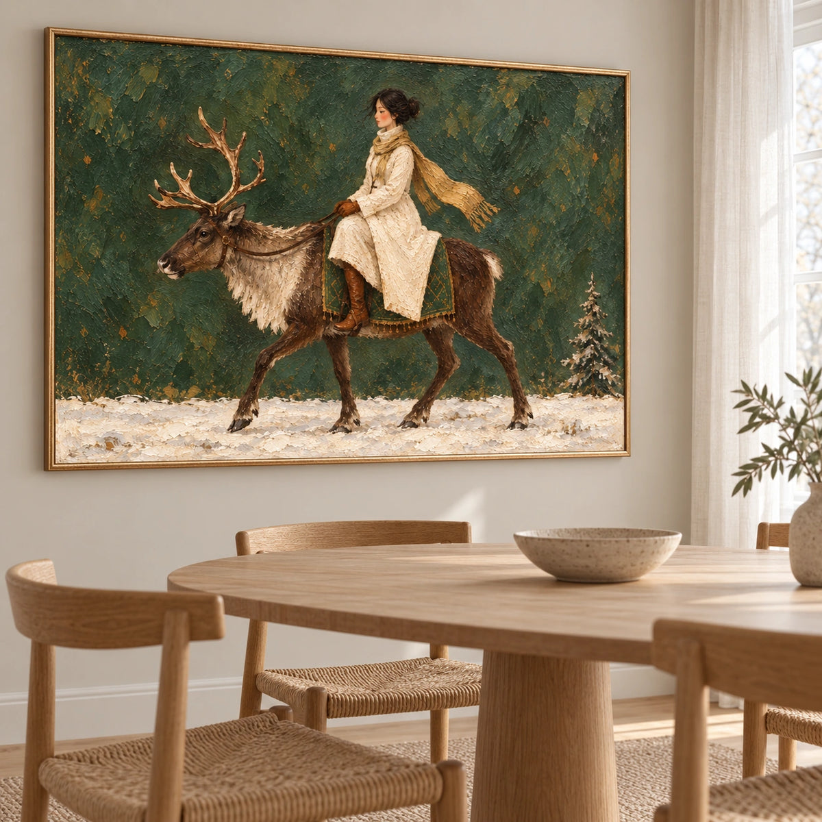 Winter Green, rider and reindeer painting displayed in a dining room, left view
