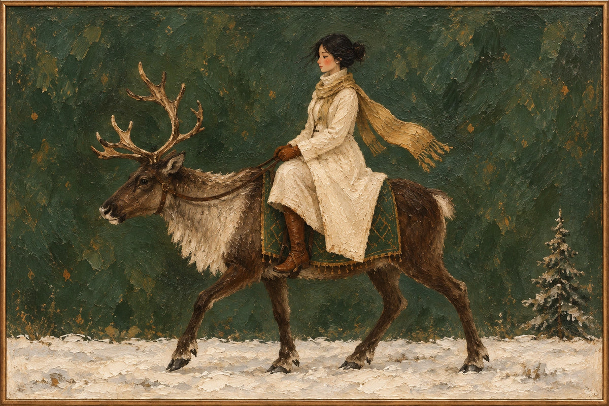 Winter Green, horizontal oil painting of an ivory-clad rider on a reindeer against deep green