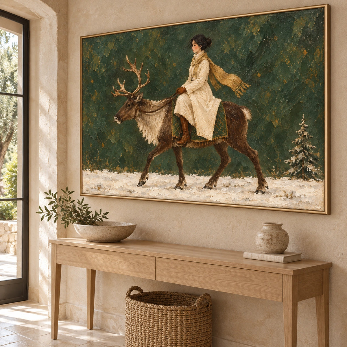 Winter Green, rider and reindeer painting displayed in a entryway, right view