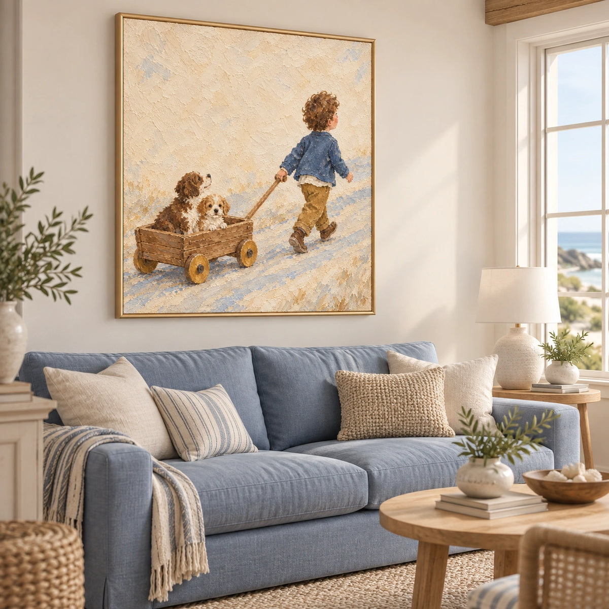 Small Passengers, child and two puppies painting displayed in a living room, left view