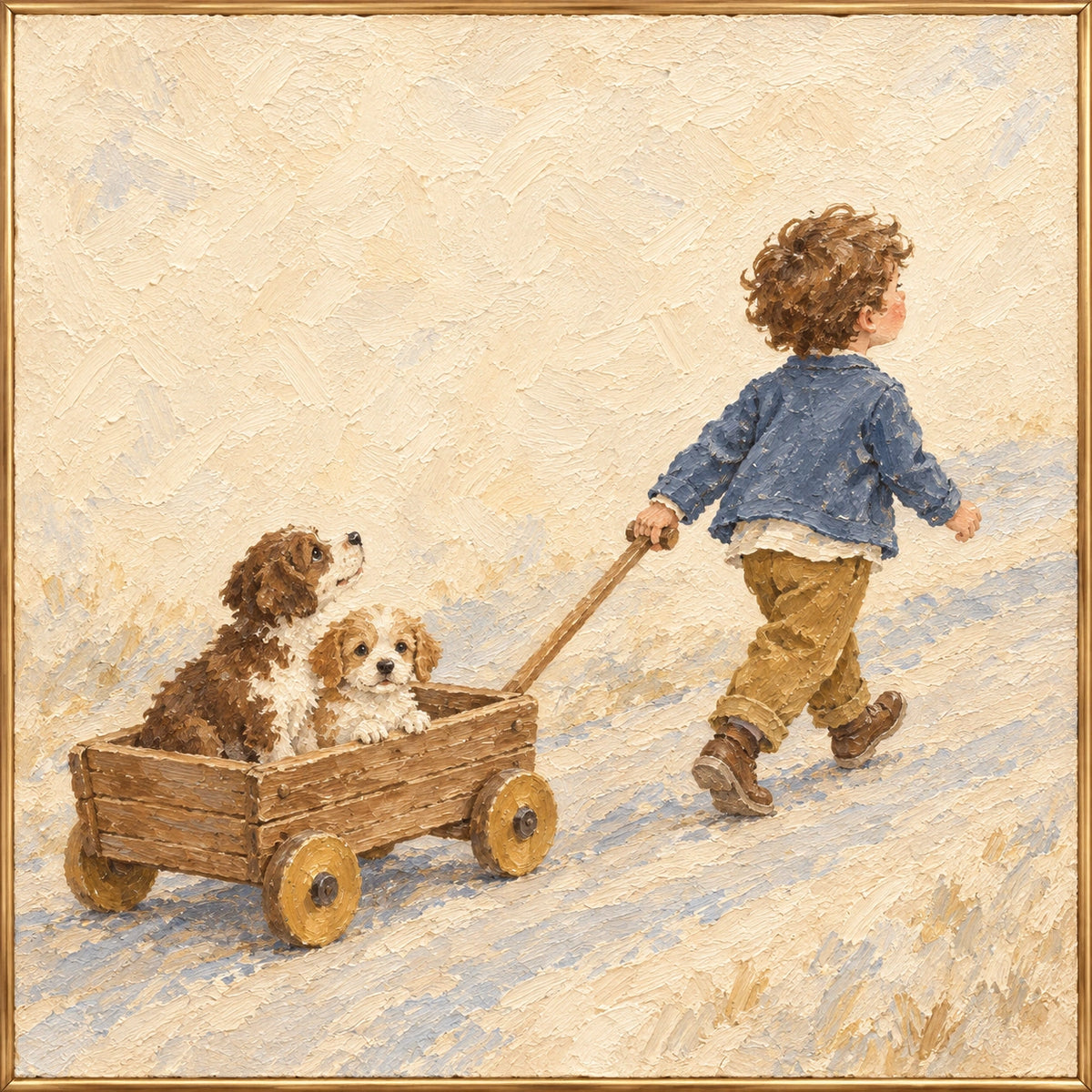 Small Passengers, square oil painting of a child pulling a wooden wagon with two puppies
