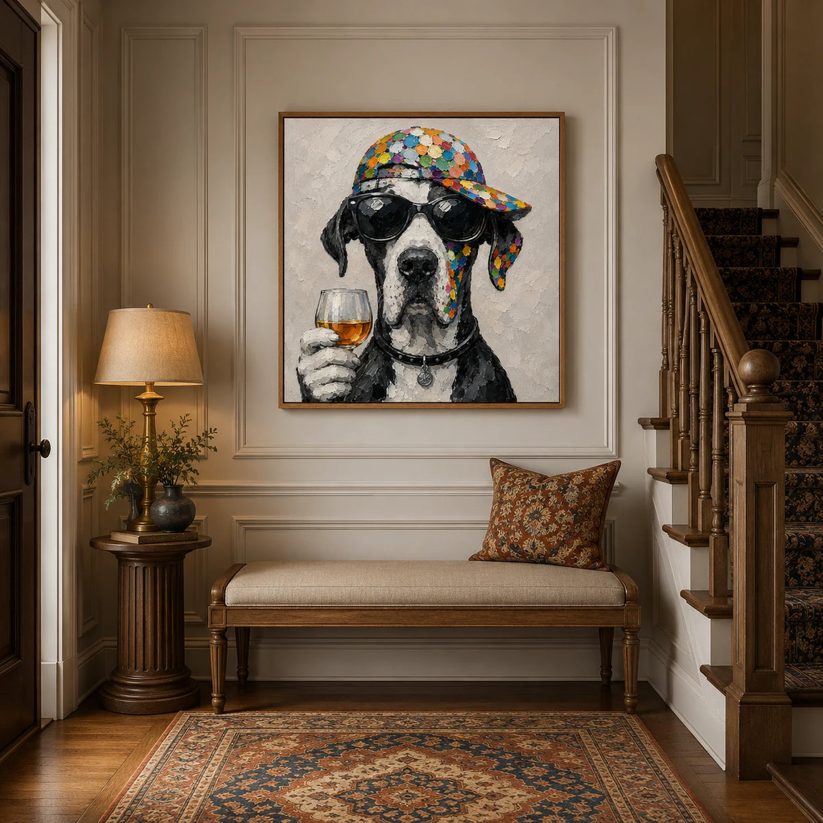 Happy Hour Hound - hand-painted pet portrait oil painting on canvas detail 4 by Realoilart