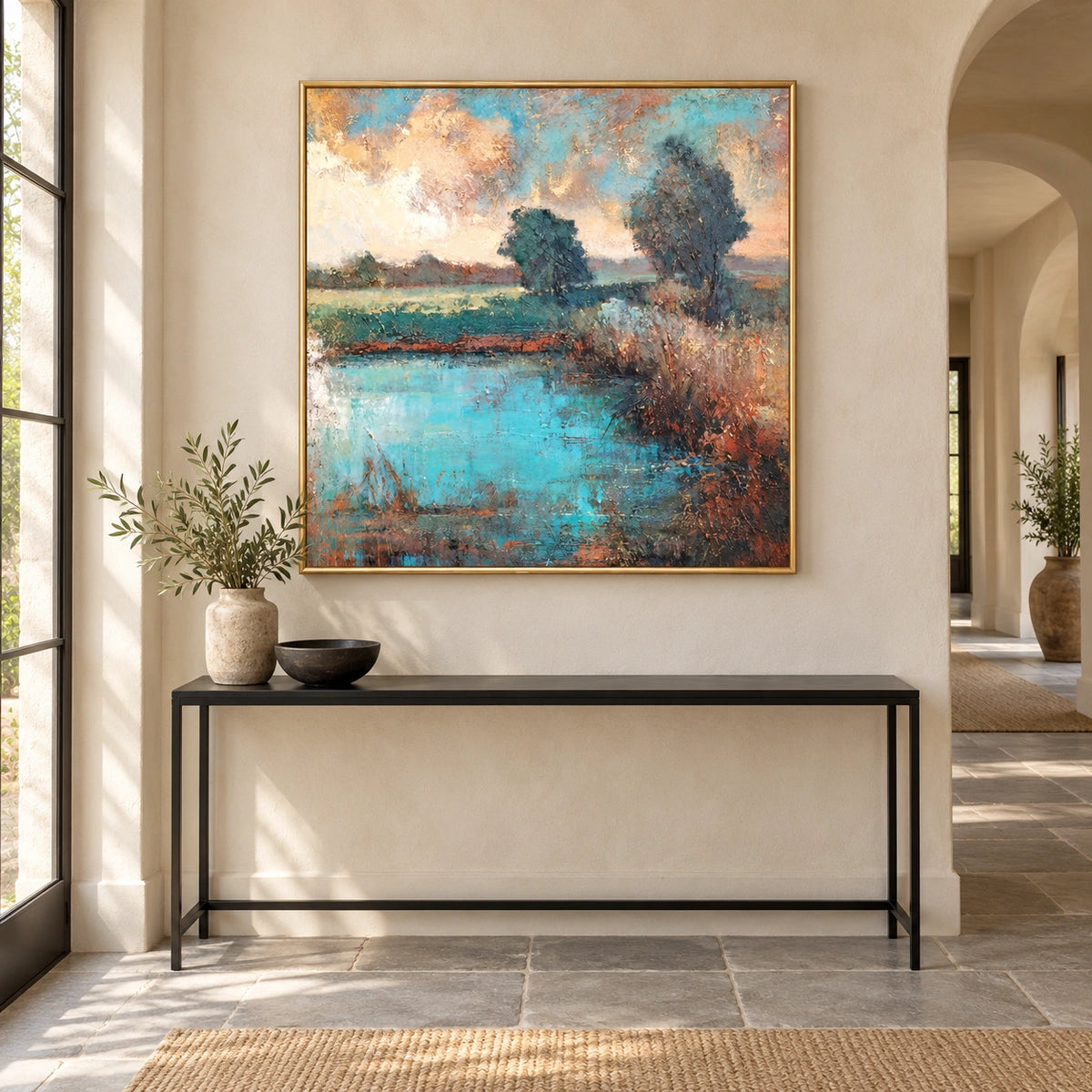 Turquoise Stillwater, turquoise pond, two teal tree groups and rusty right bank; frontal entry hall display.