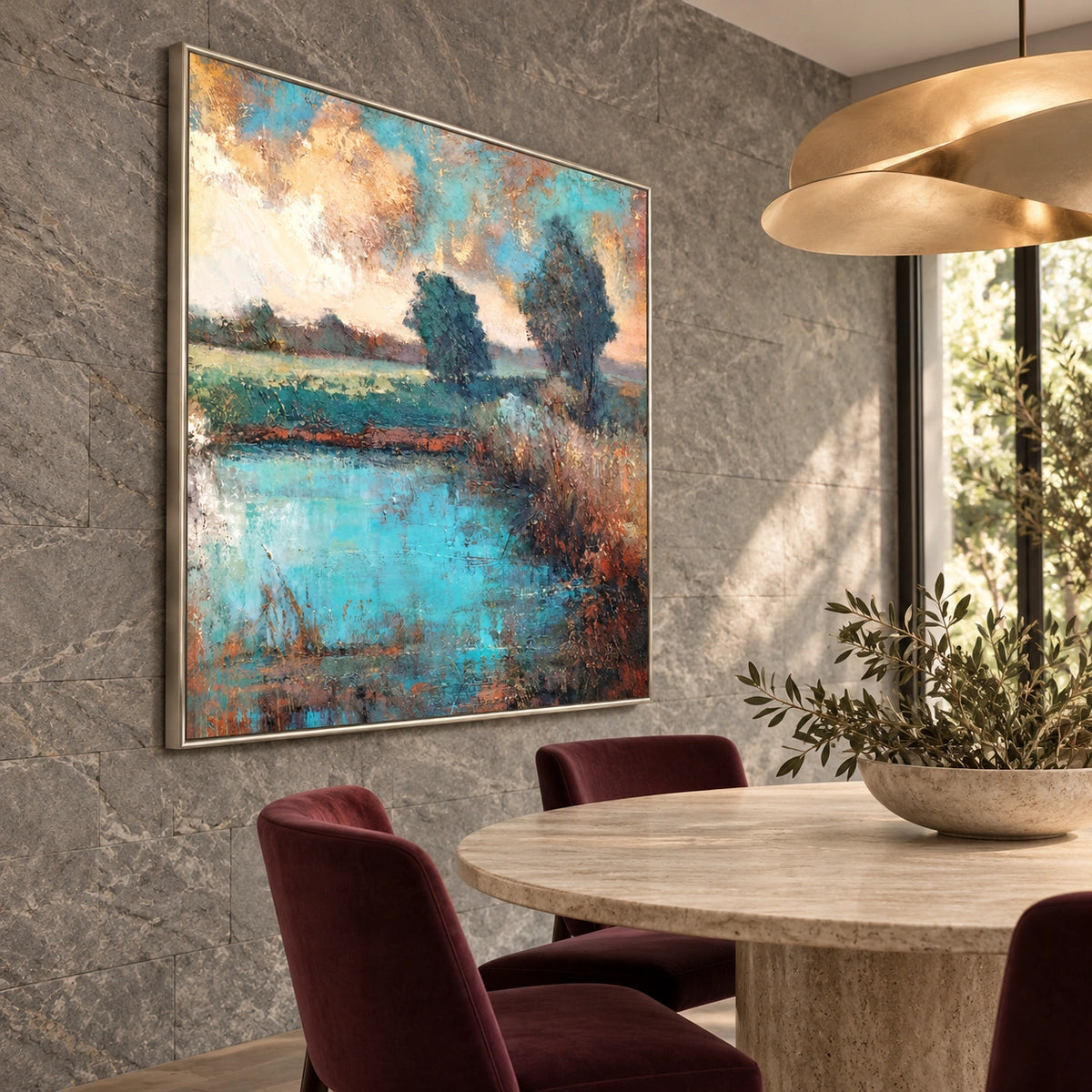 Turquoise Stillwater, turquoise pond, two teal tree groups and rusty right bank; left view in a stone dining room.