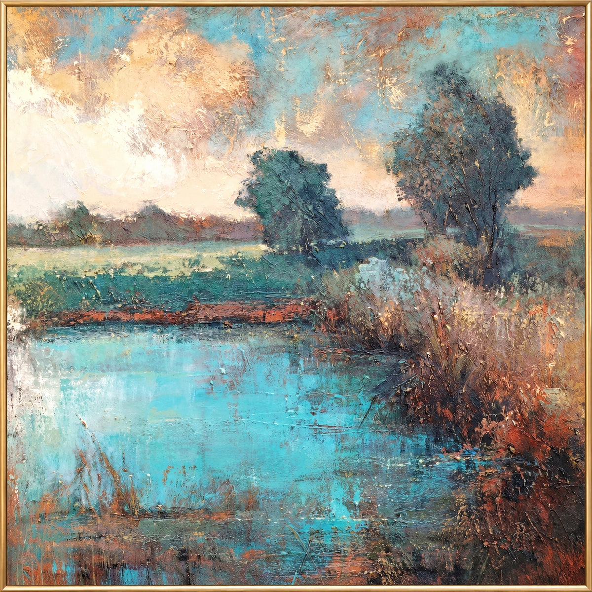 Turquoise Stillwater, turquoise pond, two teal tree groups and rusty right bank; frontal painting in a narrow champagne-gold frame.