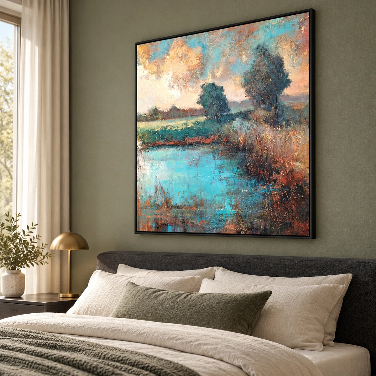 Turquoise Stillwater, turquoise pond, two teal tree groups and rusty right bank; right view above a bedroom headboard.