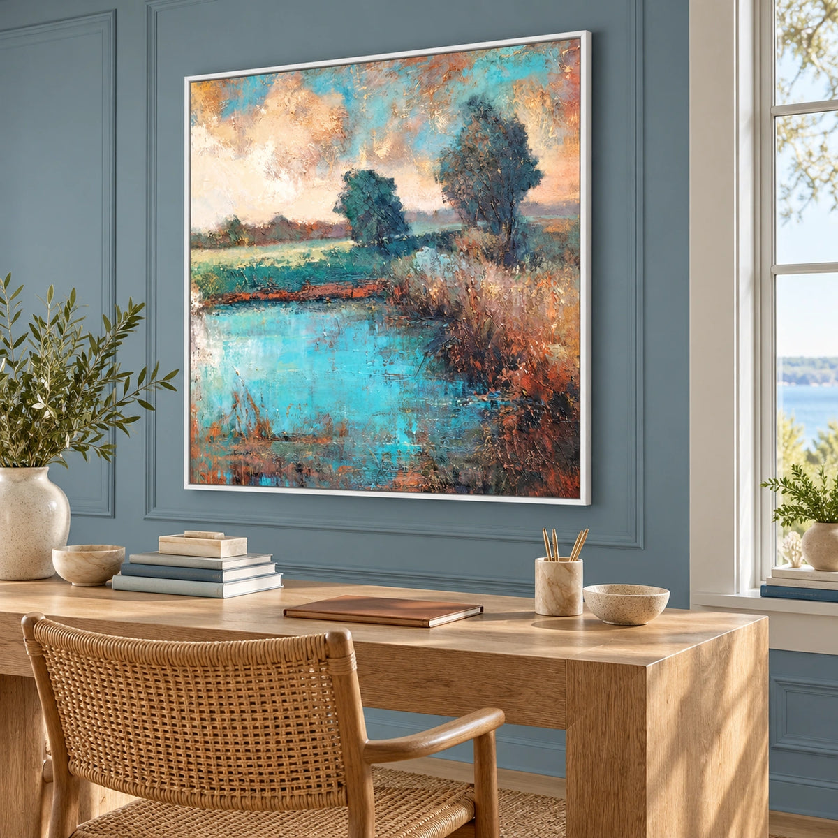 Turquoise Stillwater, turquoise pond, two teal tree groups and rusty right bank; right view in a coastal home office.